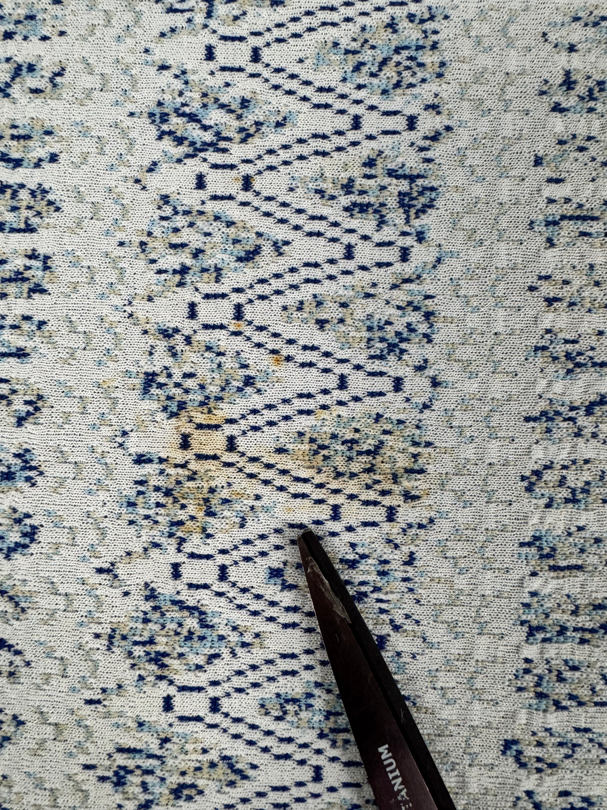 1970’s White with Light Blue Geometric Shapes Double Knit Fabric - Polyester - BTY (H21)