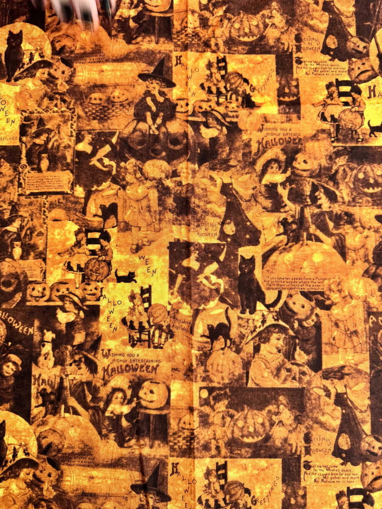 2000's Orange and Black Halloween Collage Novelty Print Cotton Fabric - BTY