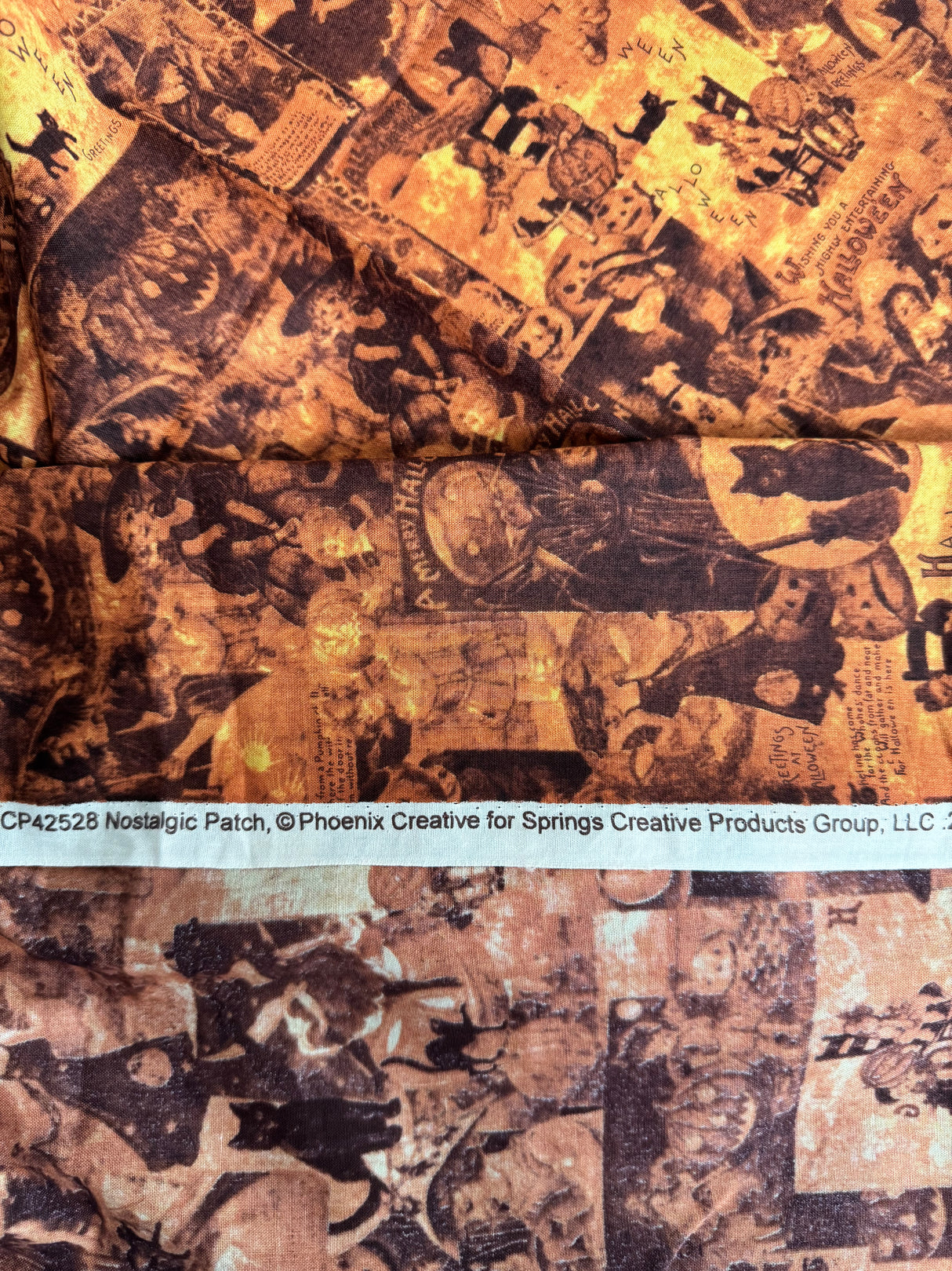 2000's Orange and Black Halloween Collage Novelty Print Cotton Fabric - BTY