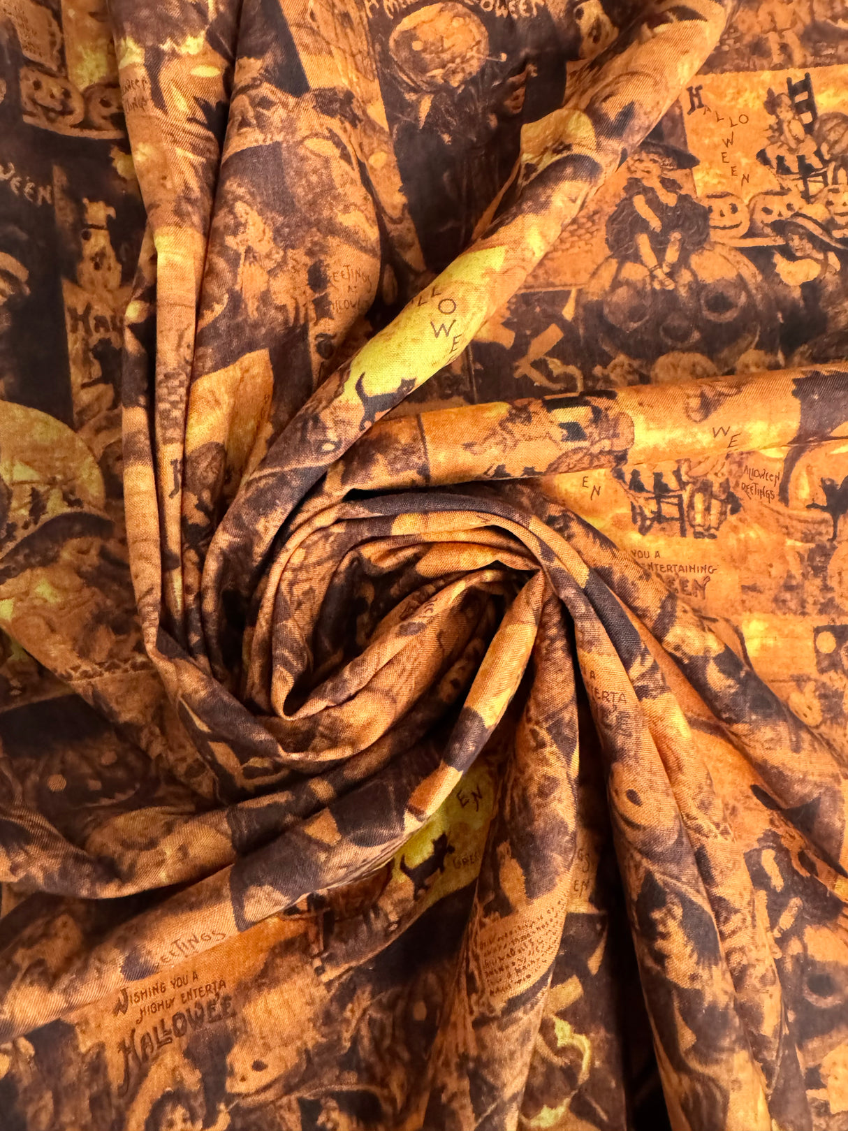 2000's Orange and Black Halloween Collage Novelty Print Cotton Fabric - BTY