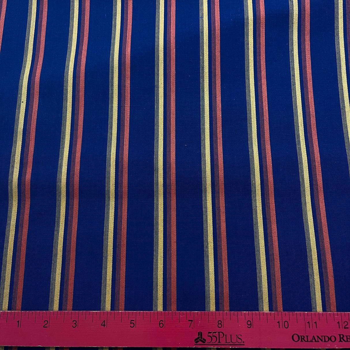 1970’s Navy Blue with Yellow and Orange Stripe Fabric - Cotton blend - BTY (S33)