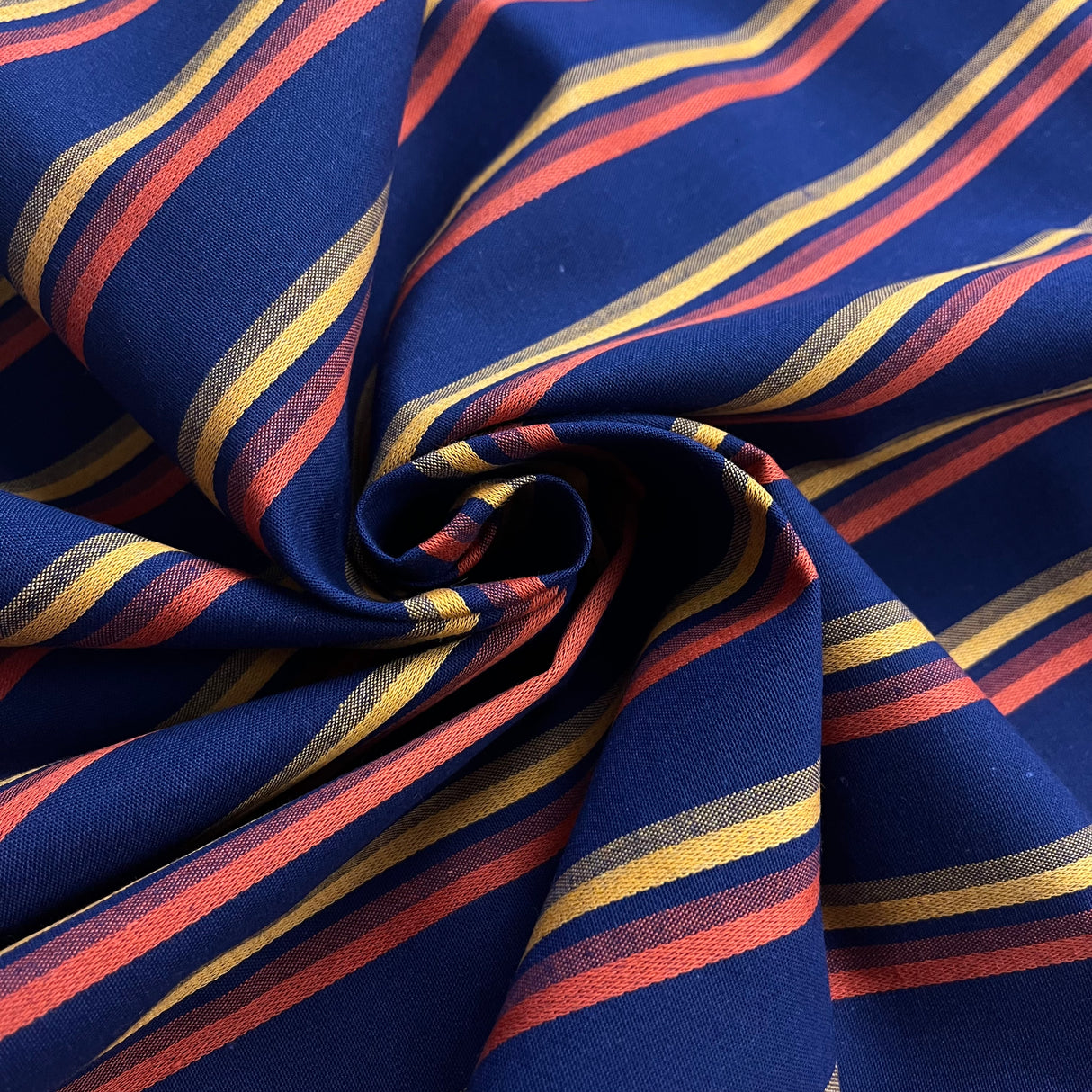 1970’s Navy Blue with Yellow and Orange Stripe Fabric - Cotton blend - BTY (S33)
