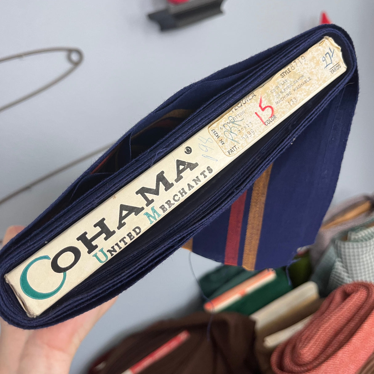 1970’s Navy Blue with Yellow and Orange Stripe Fabric - Cotton blend - BTY (S33)