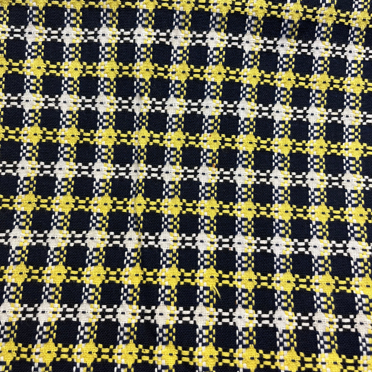 1970's Navy Blue, Yellow, and White Block Plaid Fabric - Cotton - (P145)