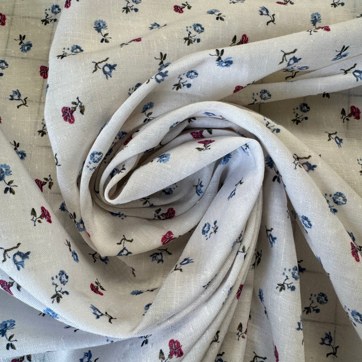 1960’s White with Blue and Red Small Florals Cotton Fabric - (P201)