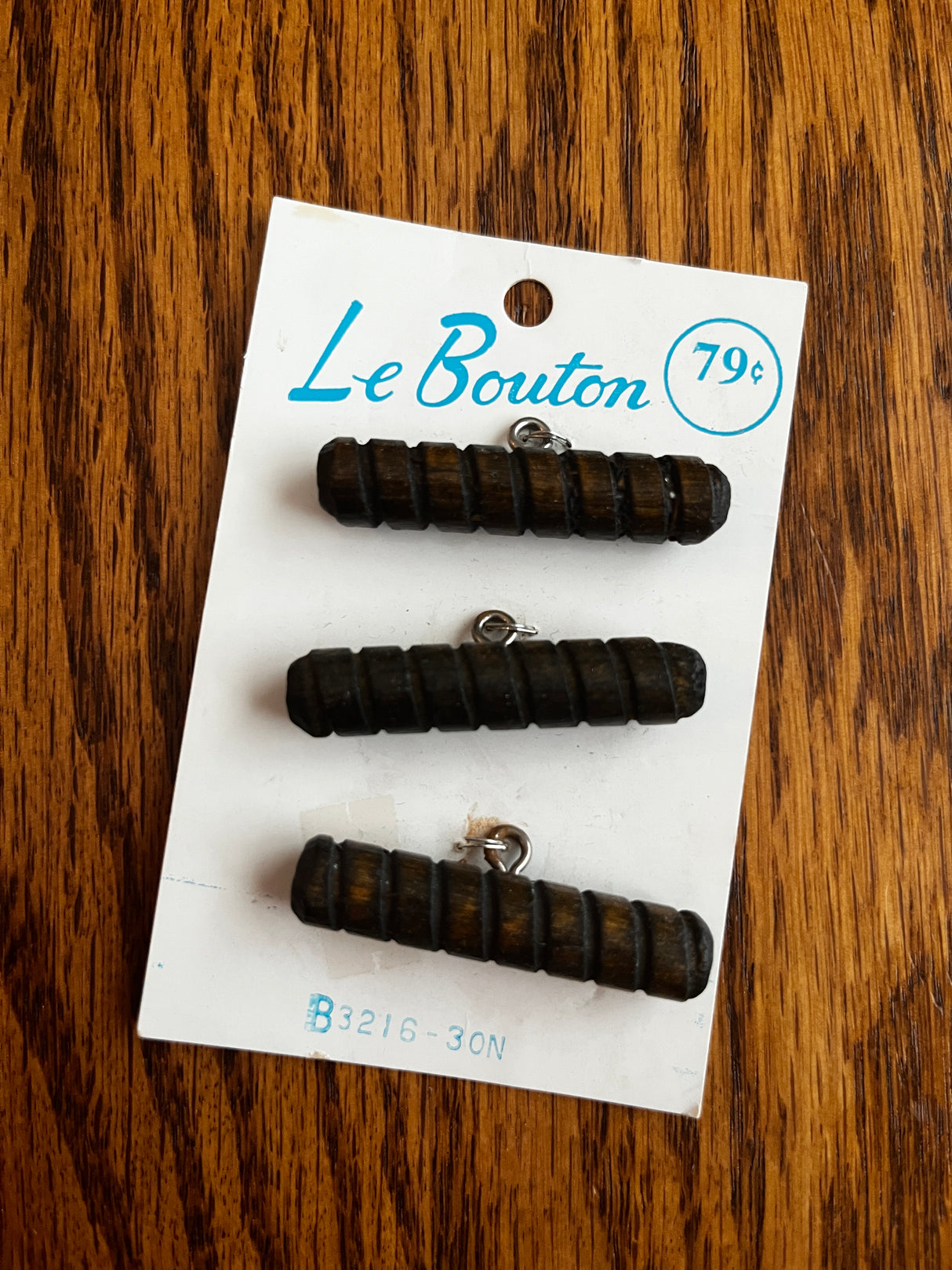 1970’s Le Bouton Carved Wooden Shank Buttons - 1 3/4" -  on card