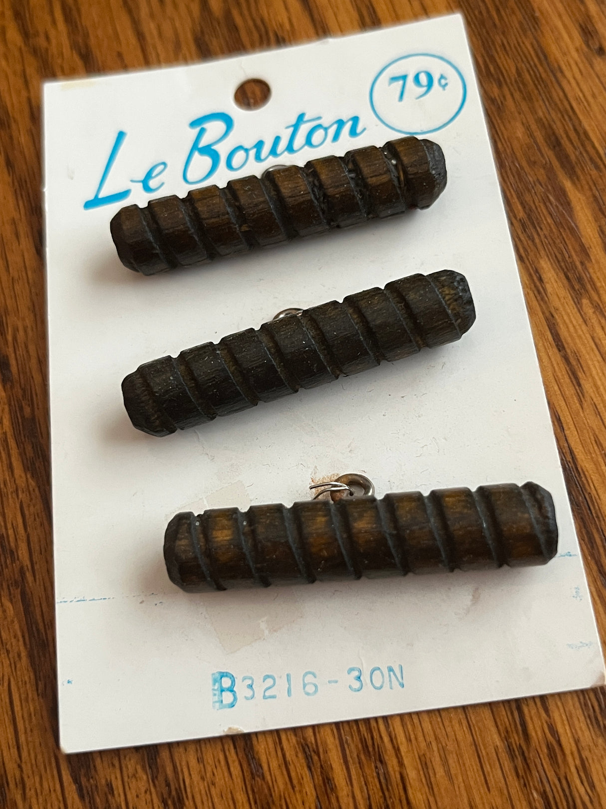 1970’s Le Bouton Carved Wooden Shank Buttons - 1 3/4" -  on card