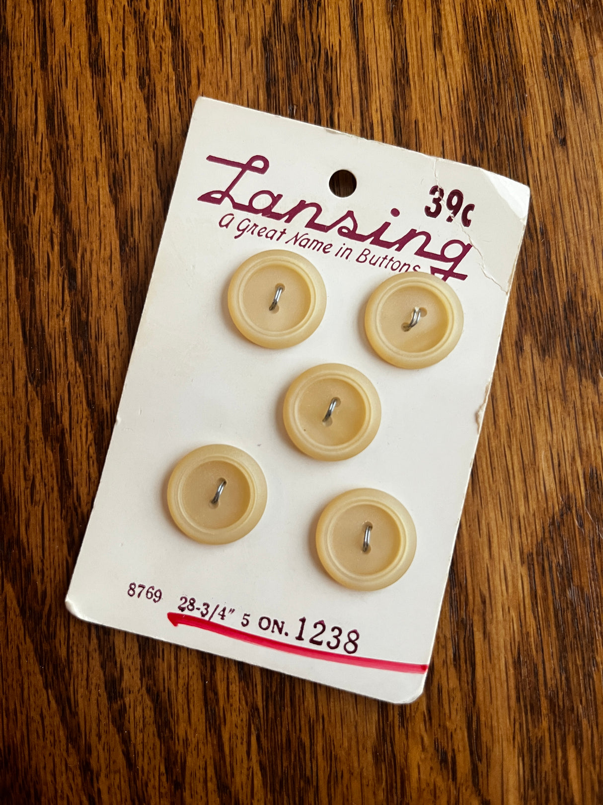 1970’s Lansing Pale Yellow Plastic Buttons - Set of 5 - 3/4" - on card
