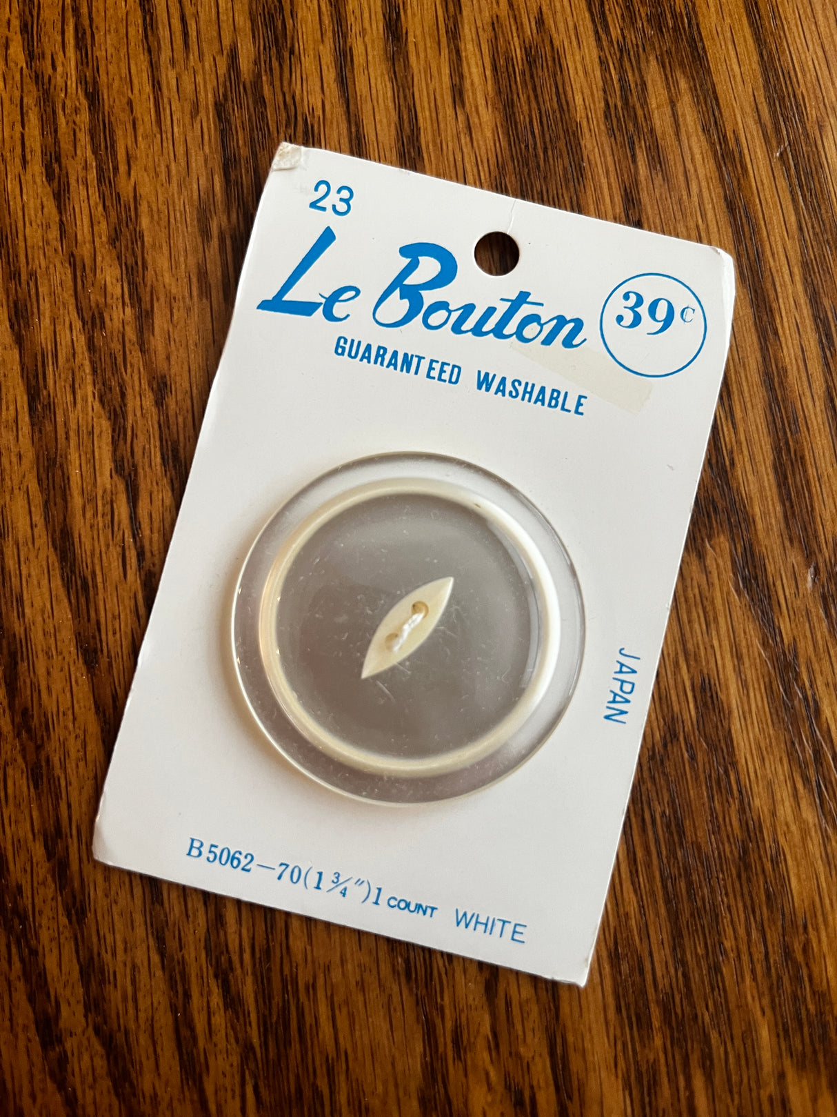 1960’s Le Bouton Pearlescent White Plastic Coat Button - Set of 1 - 1 3/4" - on card