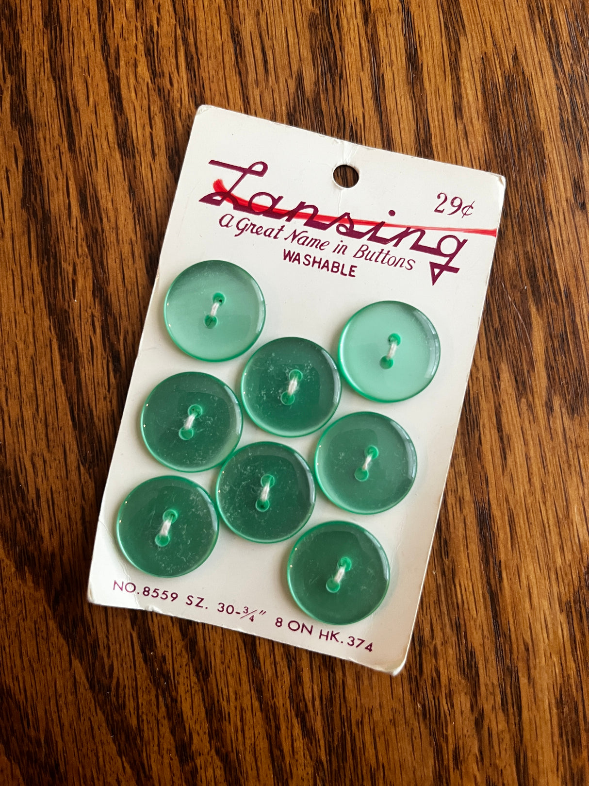 1970’s Lansing Pearlescent Green Plastic Buttons - Set of 8 - 3/4" -  on card