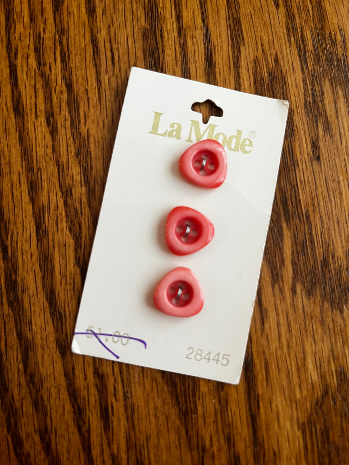 1980’s La Mode Faded Orange Triangular Plastic Buttons - Set of 3 - 5/8" - on card