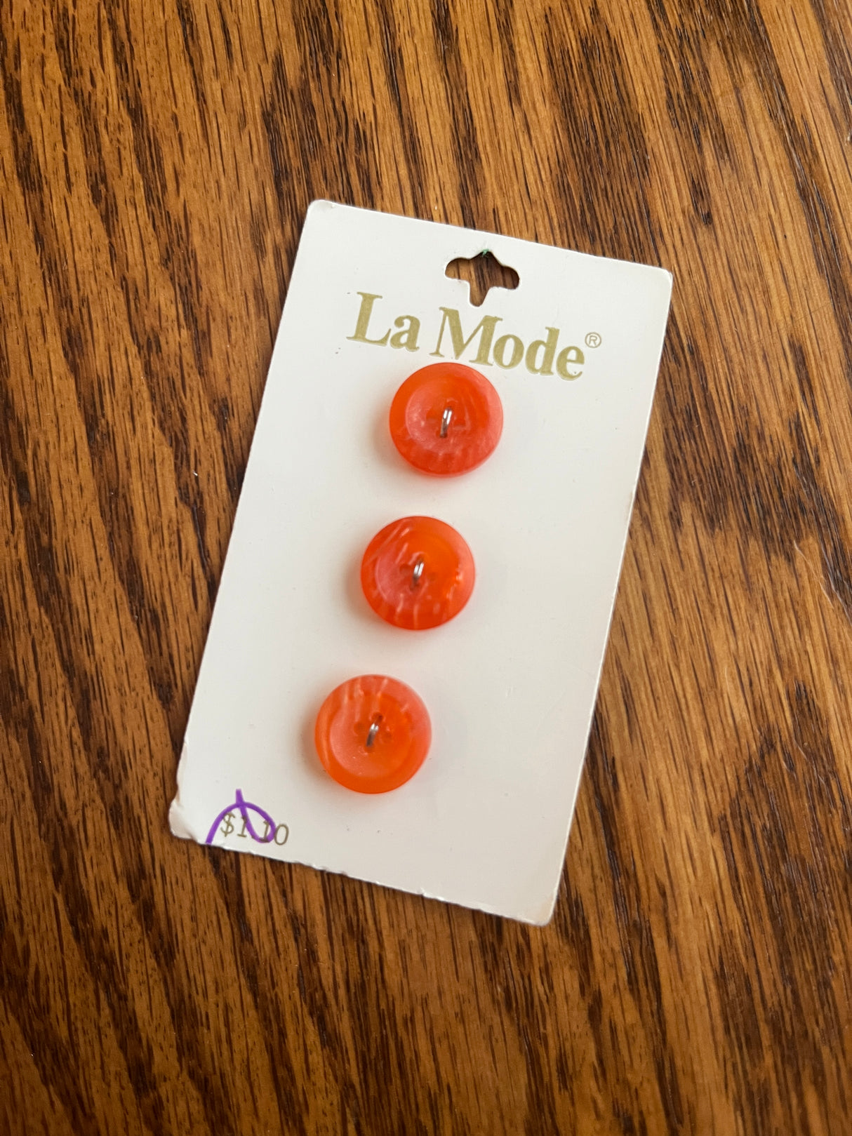 1980’s La Mode Bright Orange Plastic Buttons - Set of 3 - 1/2" - on card