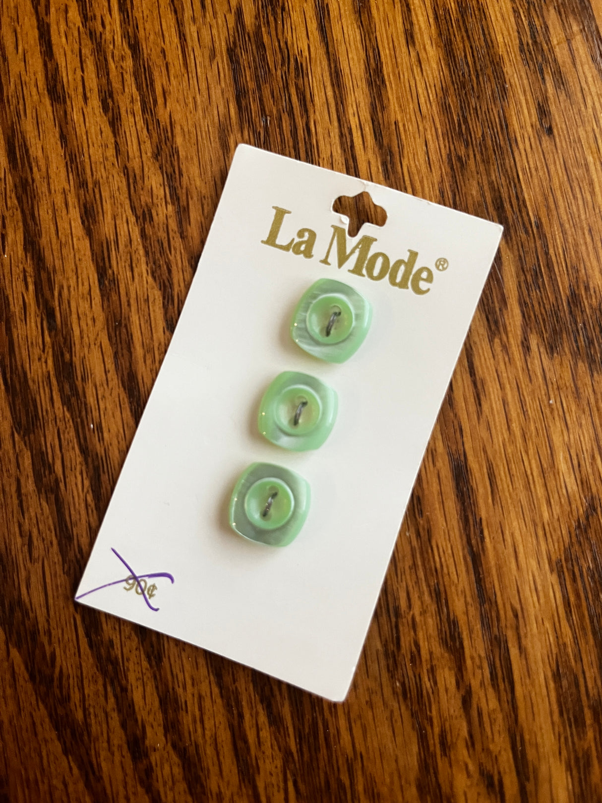 1980’s La Mode Pearlescent Light Green Plastic Buttons - Set of 3 - 5/8" -  on card