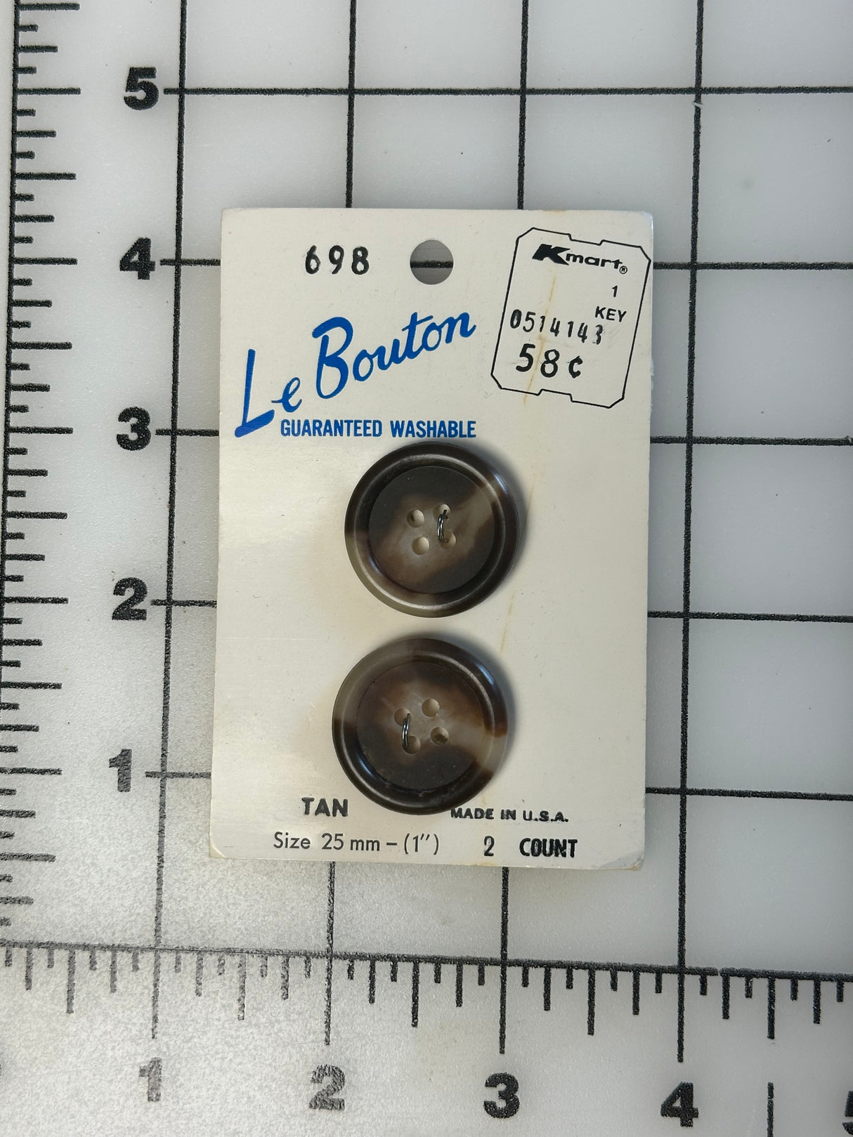 1970’s Le Bouton Tan Plastic Buttons - Set of 2 - 1" - on card