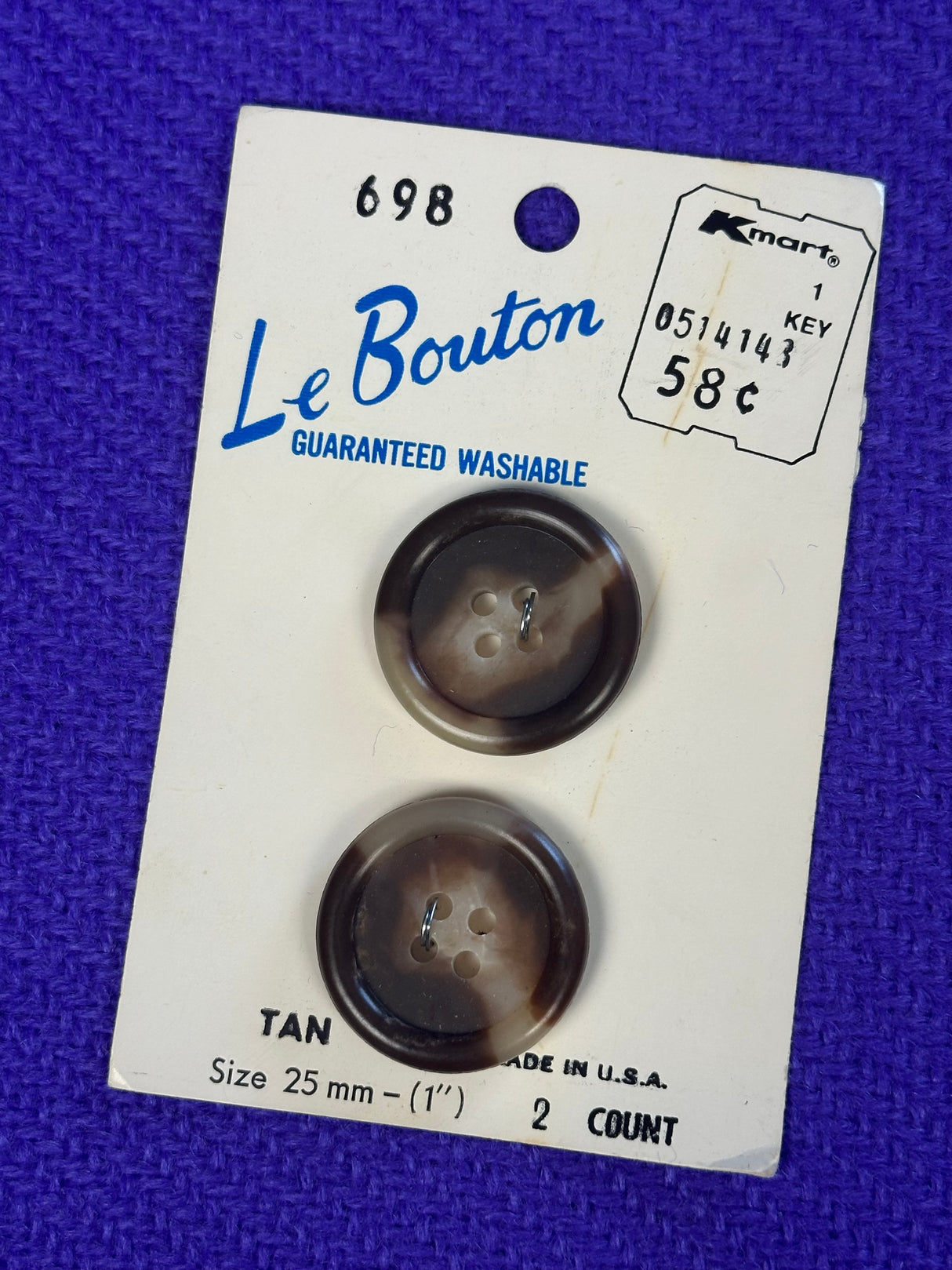 1970’s Le Bouton Tan Plastic Buttons - Set of 2 - 1" - on card