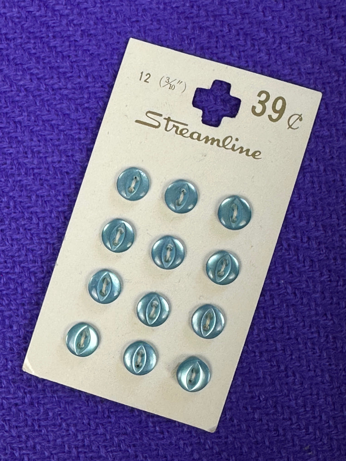 1970’s Streamline Blue Plastic Buttons - Set of 12 - 3/10" - on card