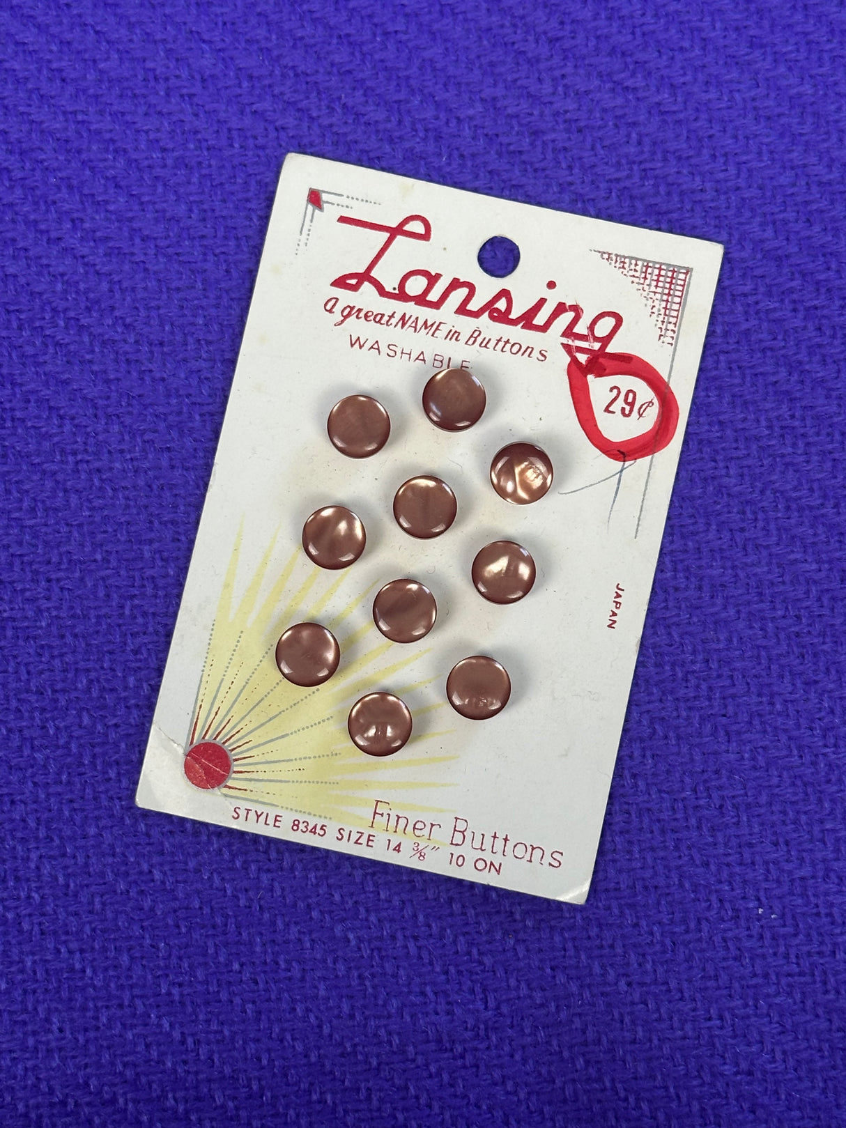 1970’s Lansing Dark Orange Pearlescent Shank Buttons - set of 10 - 3/8" -  on card