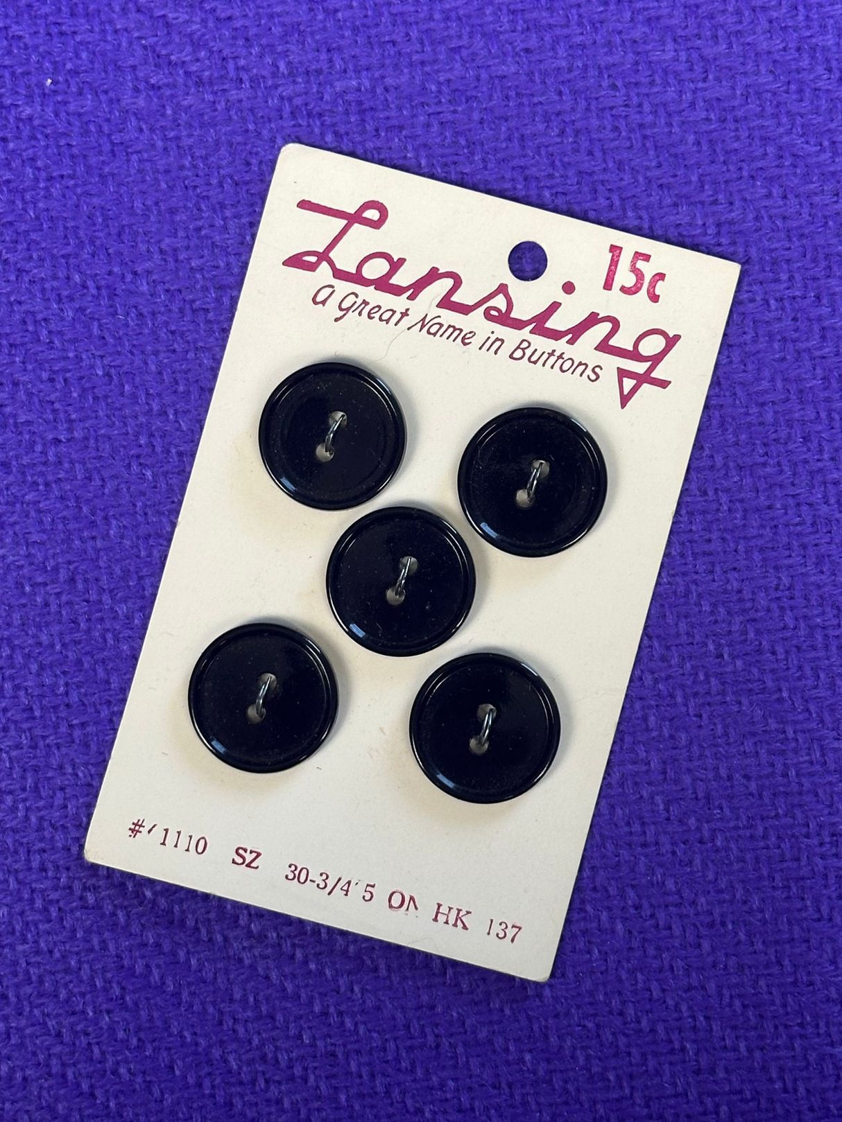 1980’s La Petite by Lansing Black Plastic Buttons - Set of 5 - 3/4" -  on card