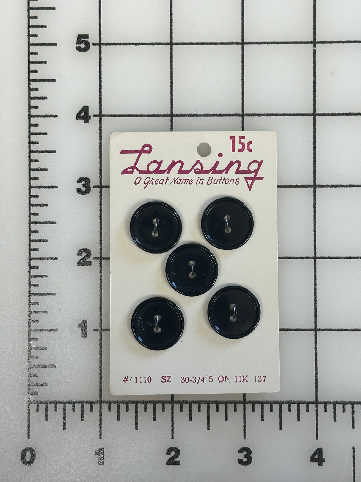 1980’s La Petite by Lansing Black Plastic Buttons - Set of 5 - 3/4" -  on card