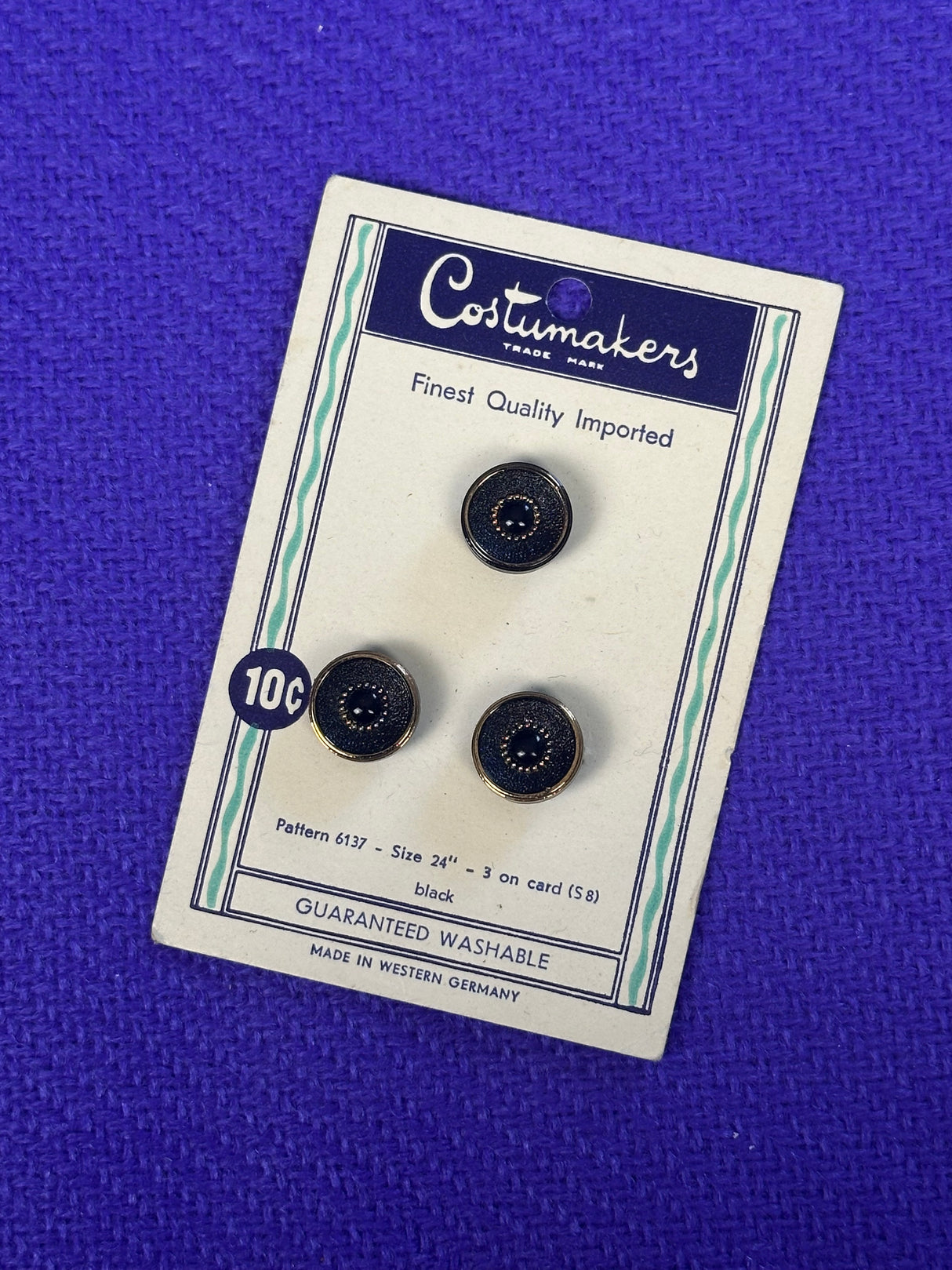 1960’s Costumakers Black Glass Shank Buttons - Set of 3 - 5/8" - on card