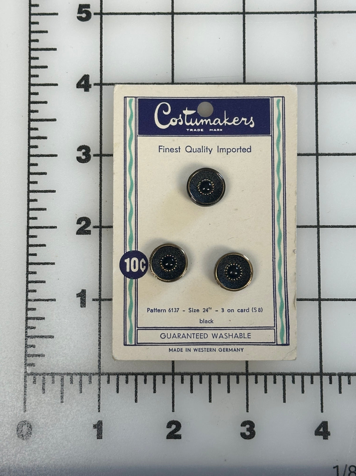 1960’s Costumakers Black Glass Shank Buttons - Set of 3 - 5/8" - on card