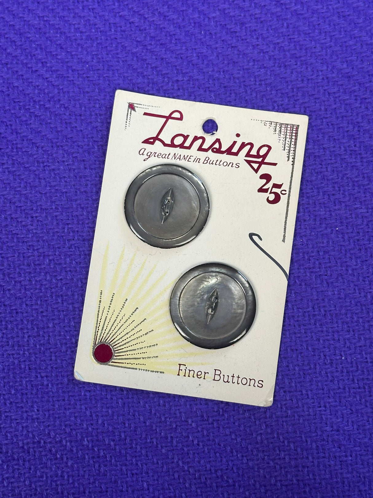 1980’s Lansing Black Mother of Pearl Buttons - set of 2 - 1" -  on card