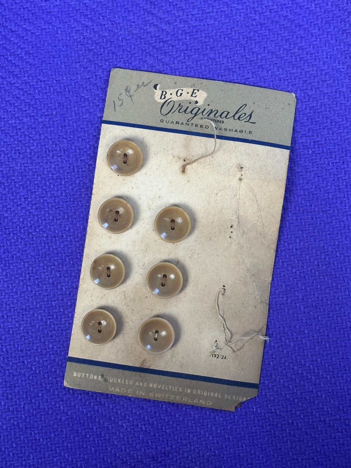 1960’s B.G.E. Originales Khaki Plastic Buttons - Set of 7 - 5/8" - on card