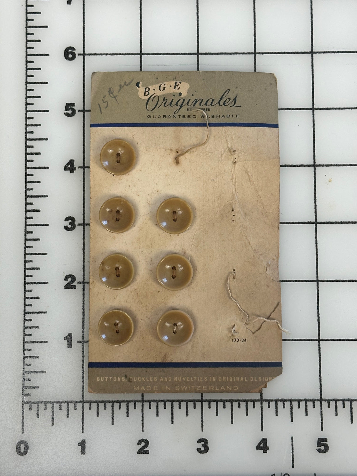 1960’s B.G.E. Originales Khaki Plastic Buttons - Set of 7 - 5/8" - on card