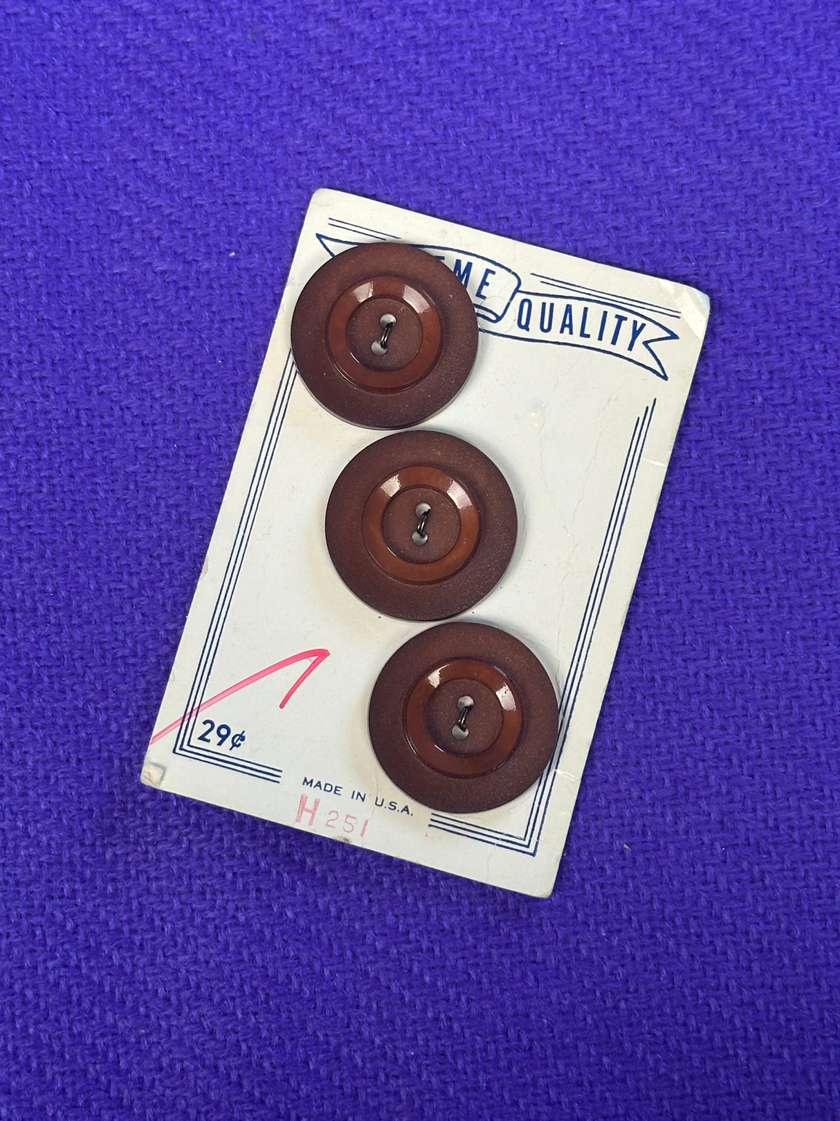 1970’s Supreme Quality Brown Plastic Buttons - Set of 3 - 1 1/8" - on card