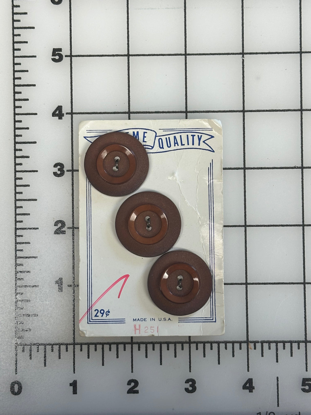 1970’s Supreme Quality Brown Plastic Buttons - Set of 3 - 1 1/8" - on card