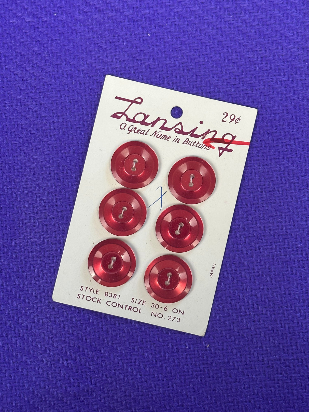 1960’s Lansing Red Plastic Buttons - Set of 6 - 3/4" - on card