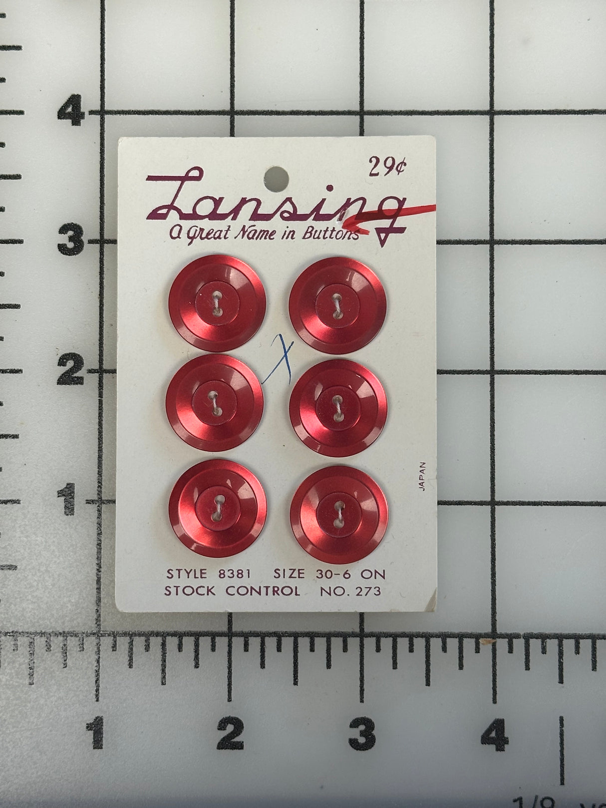 1960’s Lansing Red Plastic Buttons - Set of 6 - 3/4" - on card
