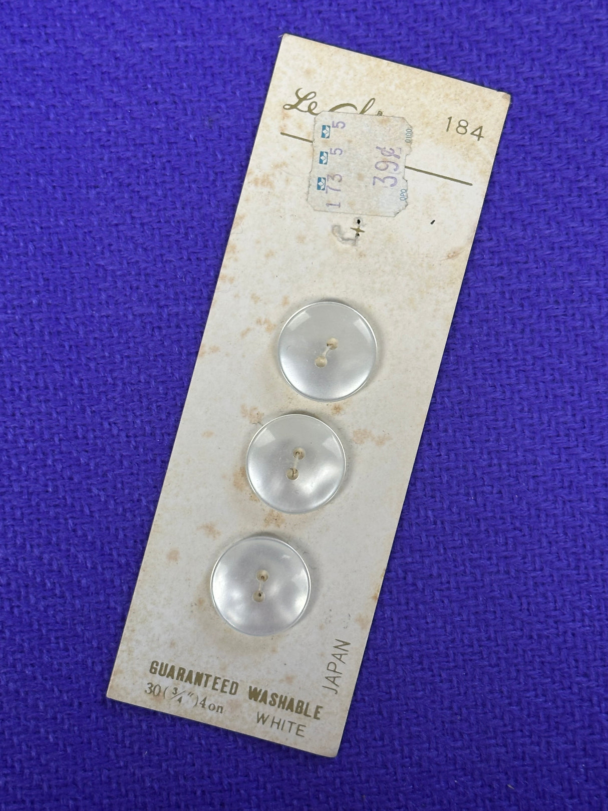 1970’s Le Chic White Pearlescent Plastic Buttons - set of 3 - 3/4" -  on card