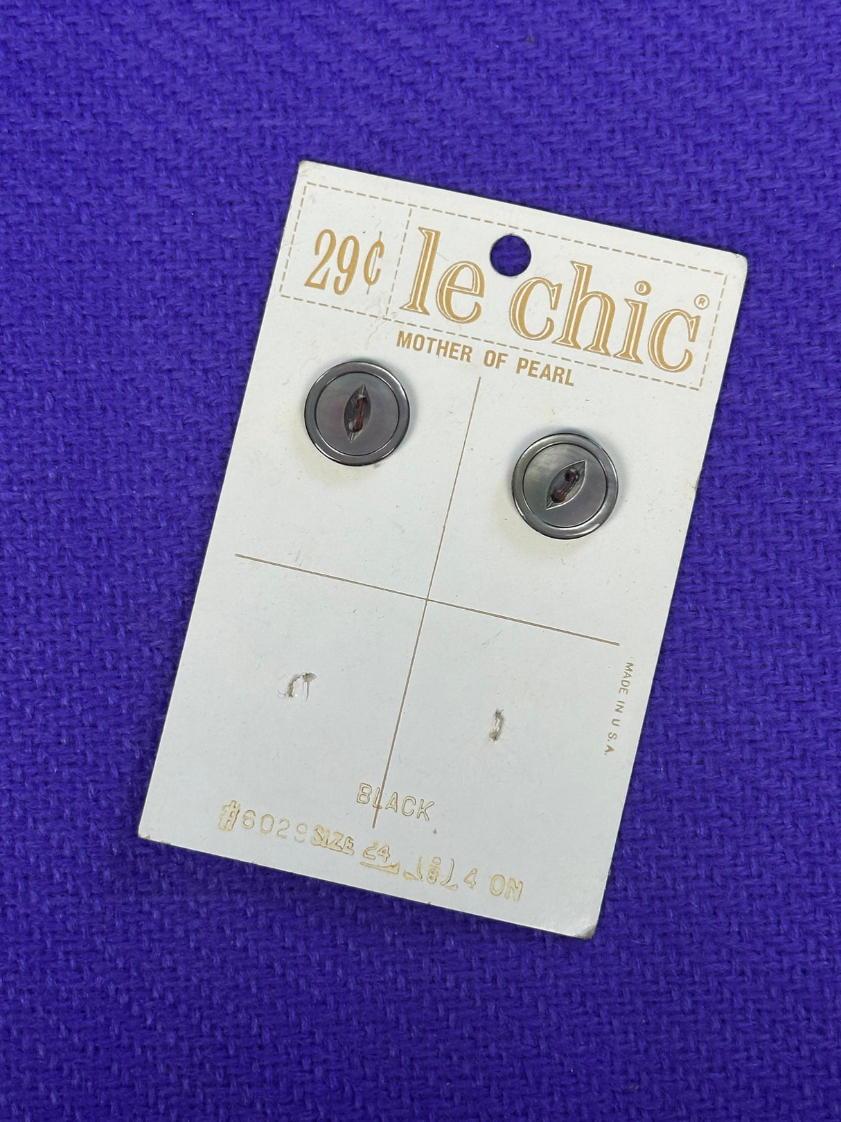 1980’s Le Chic Black Mother of Pearl Buttons - Set of 2 - 5/8" - on card