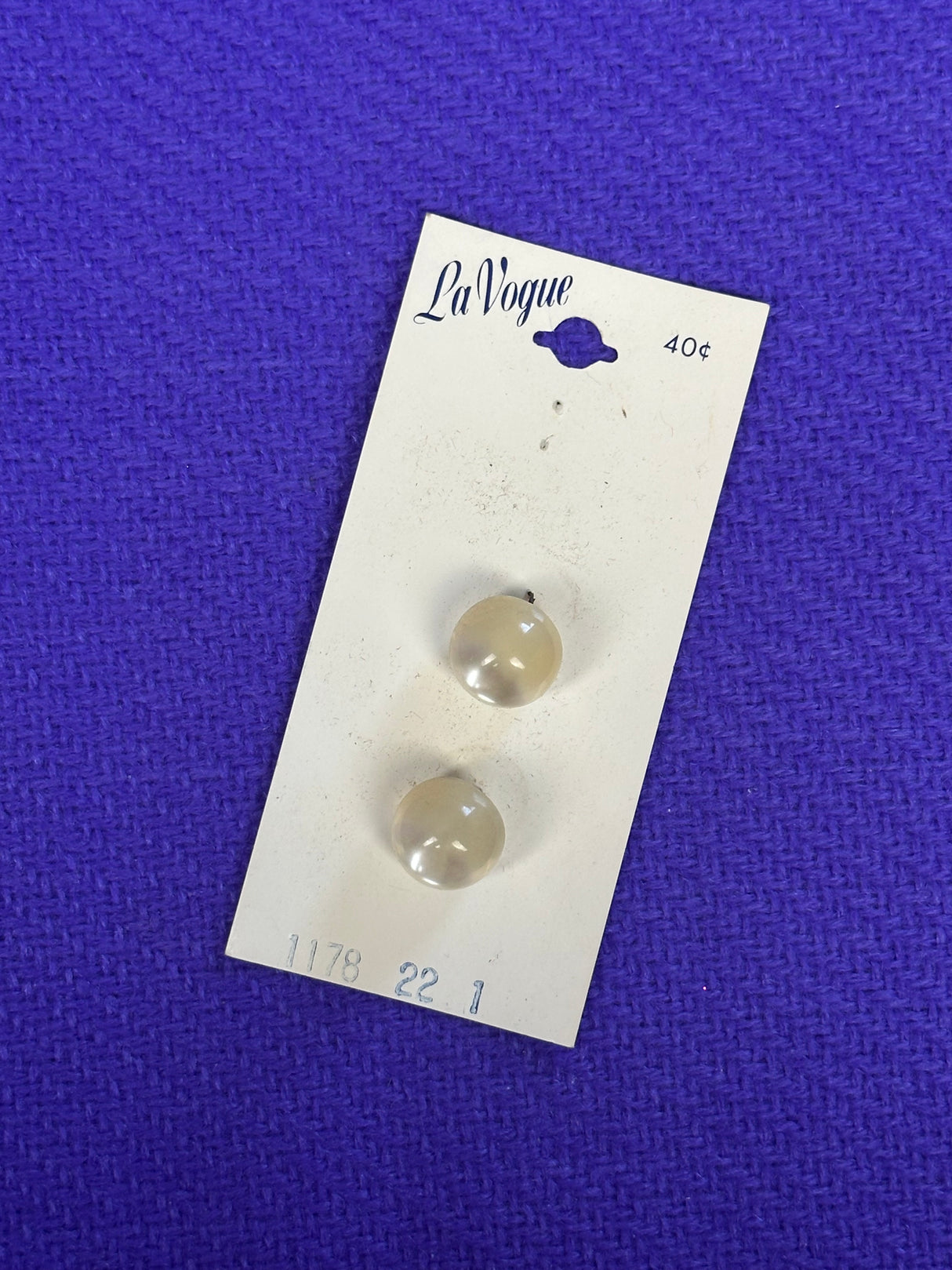 1980’s La Vogue White Plastic Pearlescent Shank Buttons - Set of 2 - 9/16" - on card