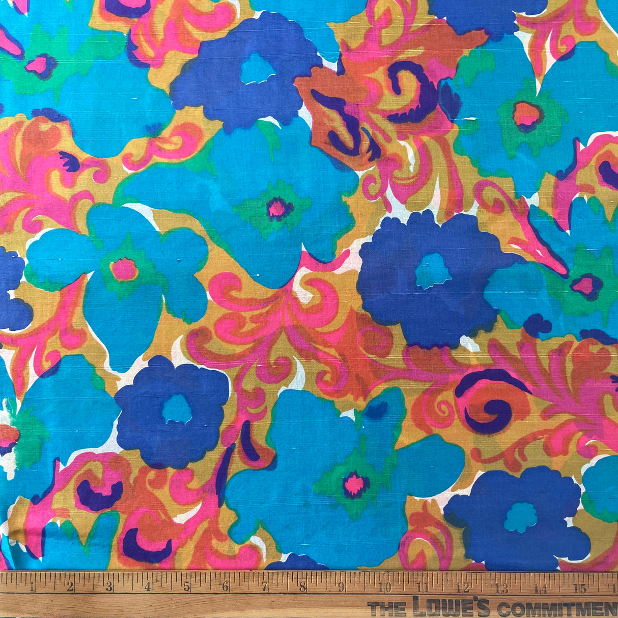 1960's Bright Blue and Pink Oversize Florals- Polyester Shantung - Piece (P161)