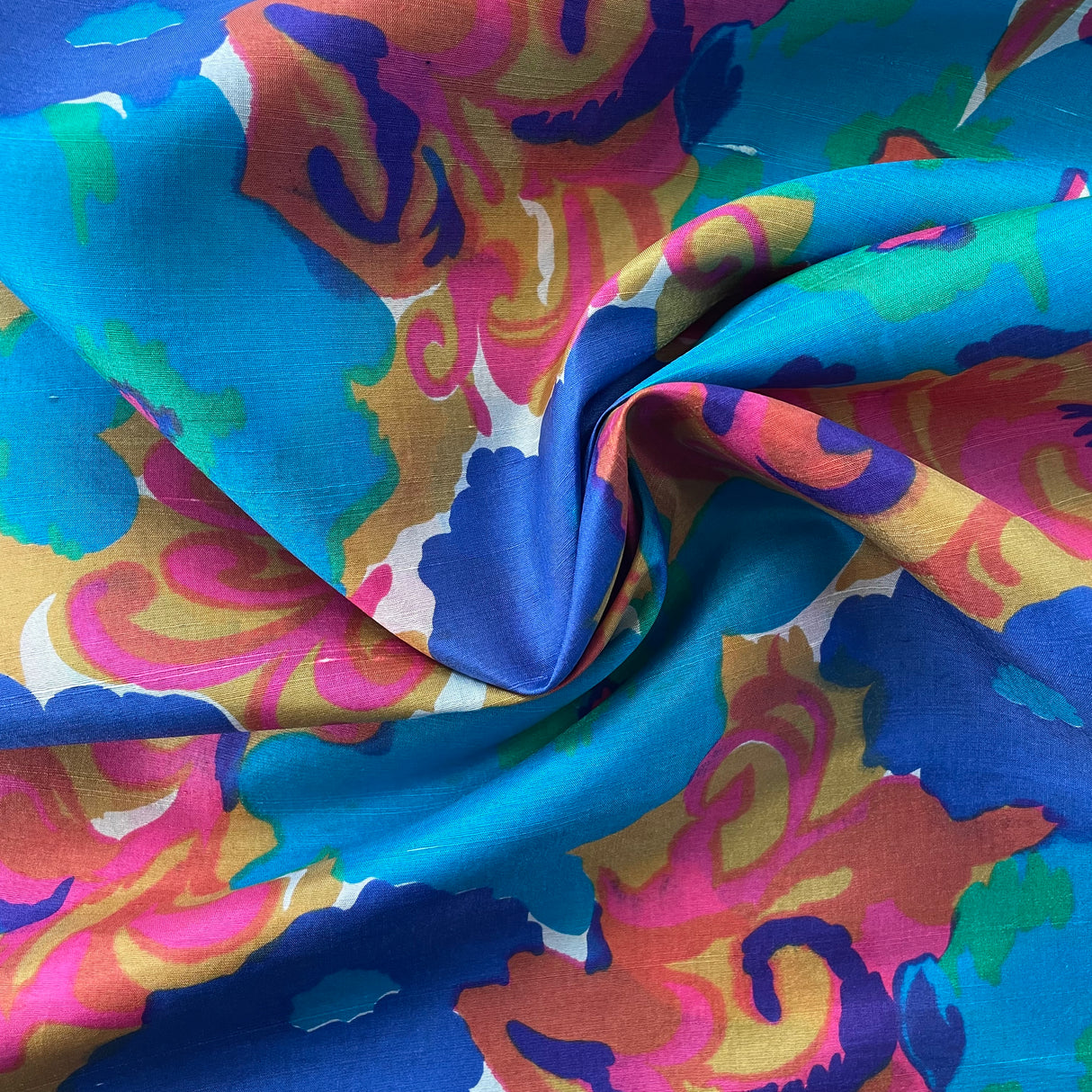 1960's Bright Blue and Pink Oversize Florals- Polyester Shantung - Piece (P161)