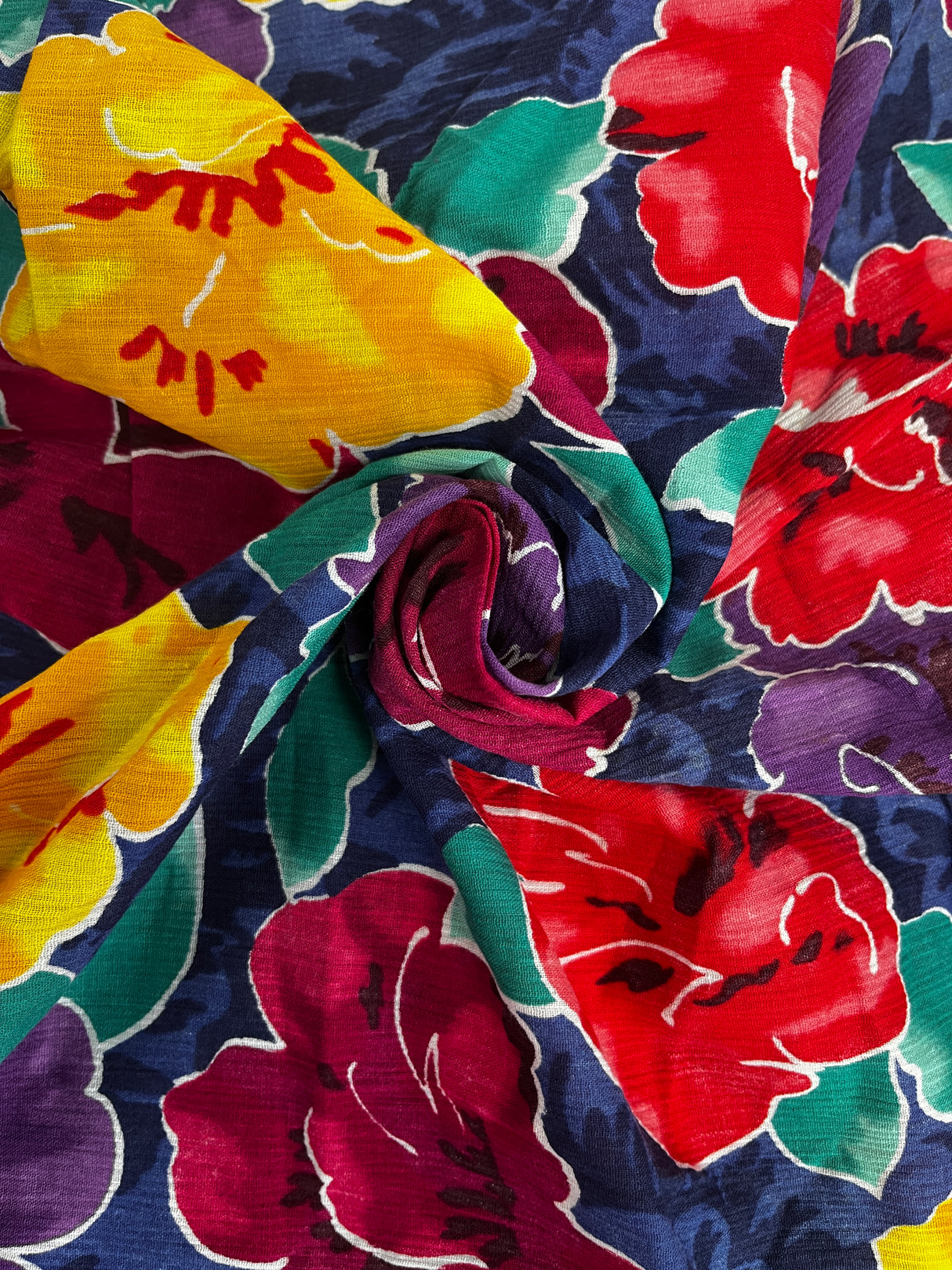 1970’s Bright Large Floral Print Crinkle Cotton Blend Fabric - BTY