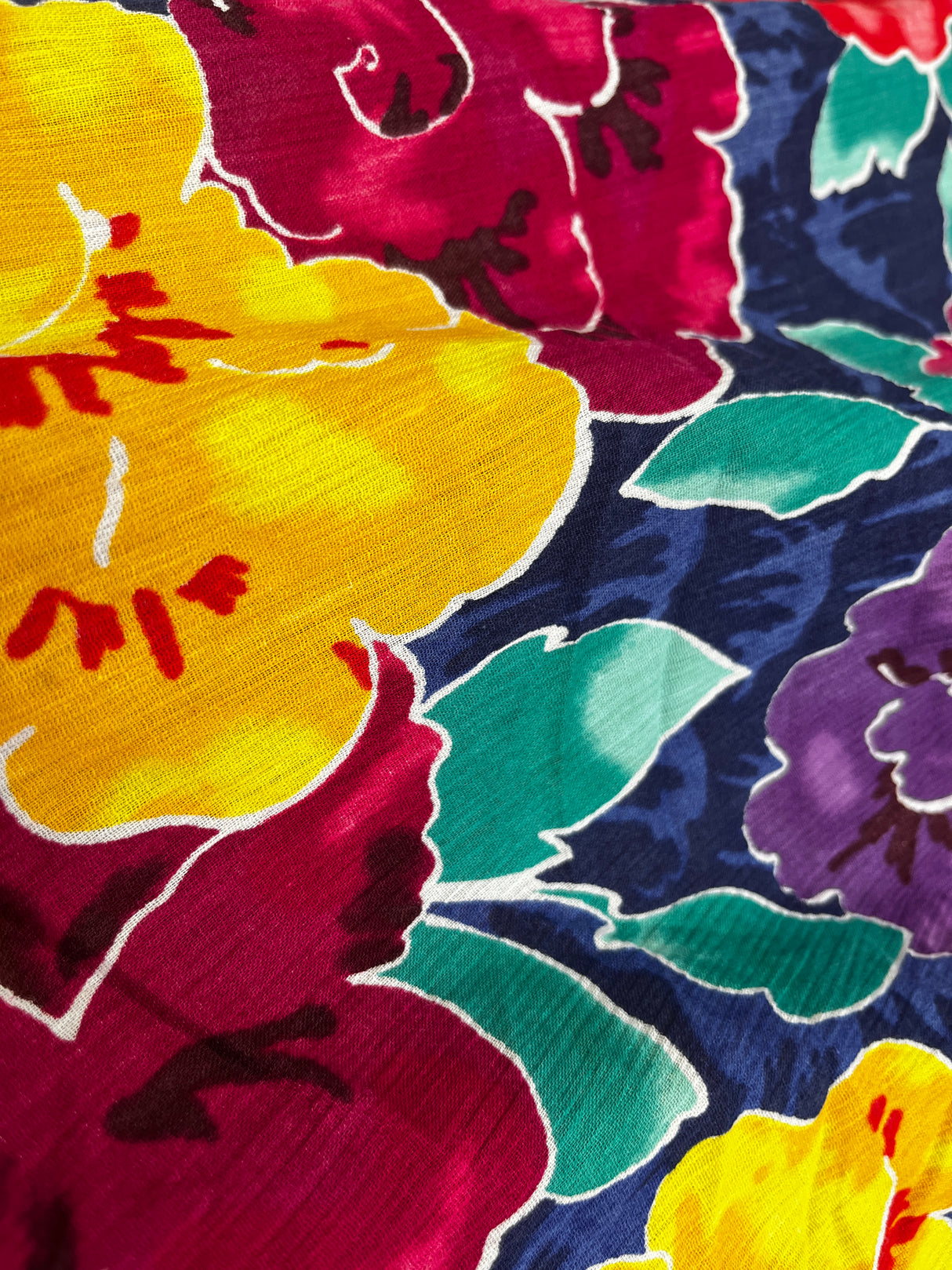 1970’s Bright Large Floral Print Crinkle Cotton Blend Fabric - BTY