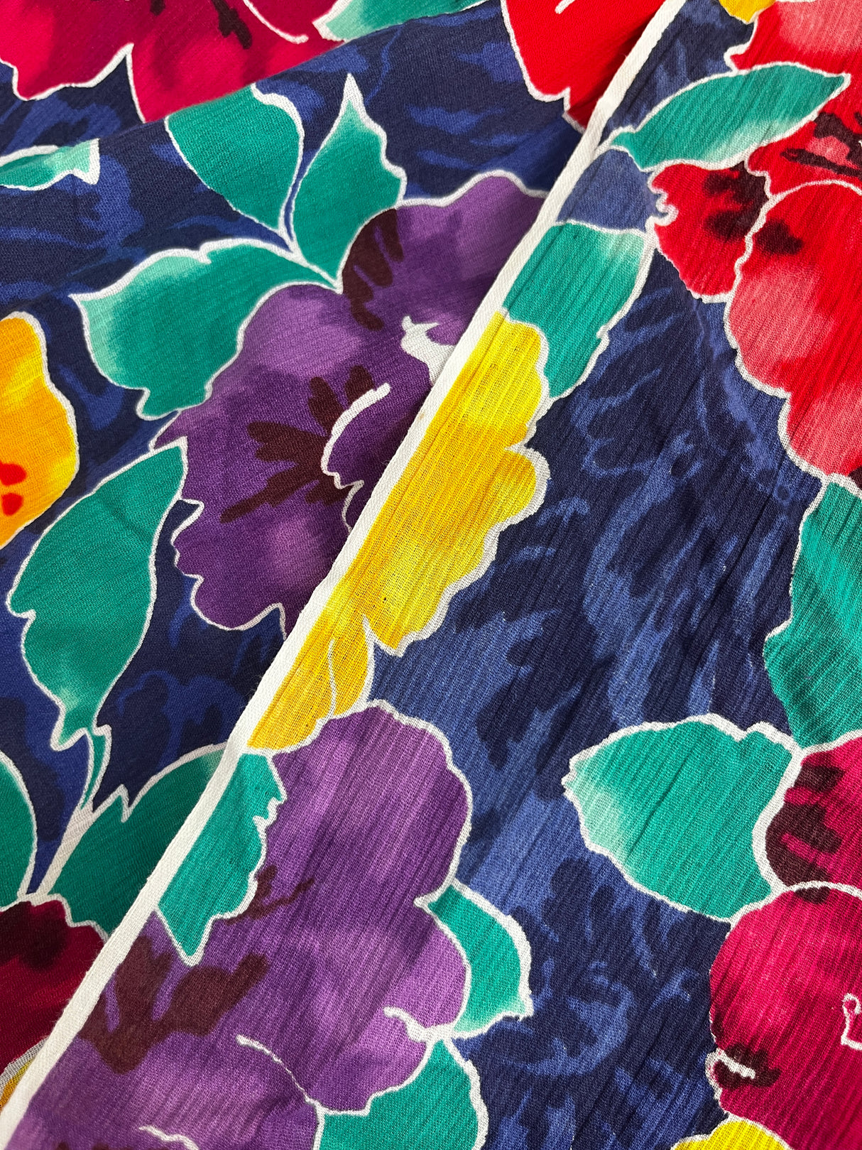 1970’s Bright Large Floral Print Crinkle Cotton Blend Fabric - BTY