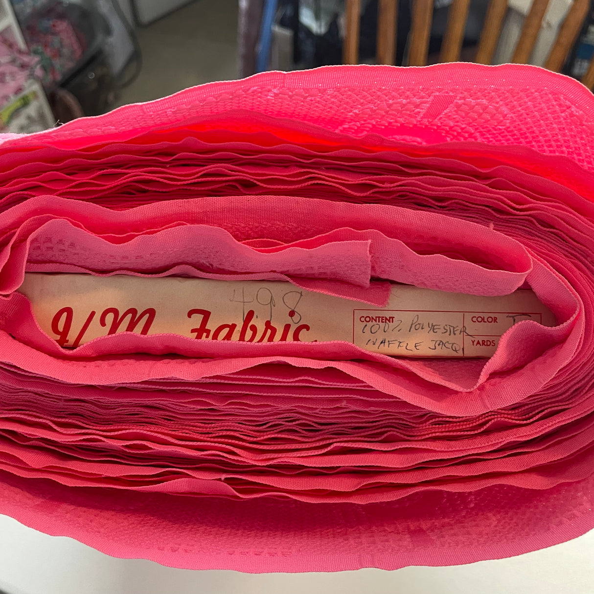 1970's Bright Pink Waffle Weave with Florals Fabric - BTY (T1)