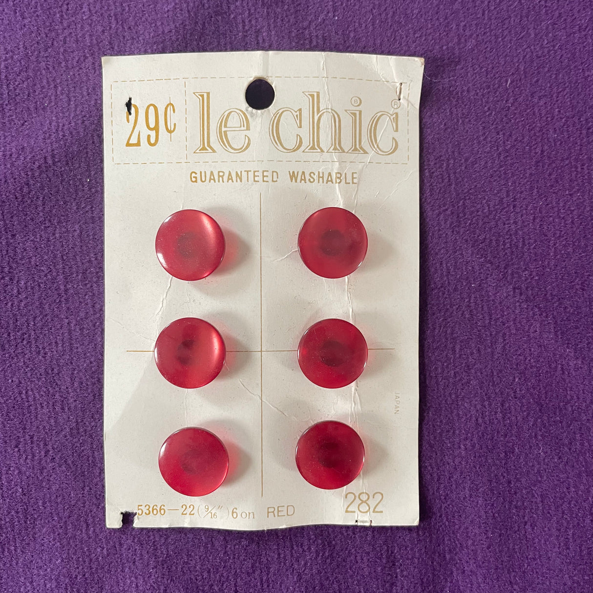 1970’s Le Chic Plastic Buttons - Red - Set of 6 - Size 22 - 9/16" - on card
