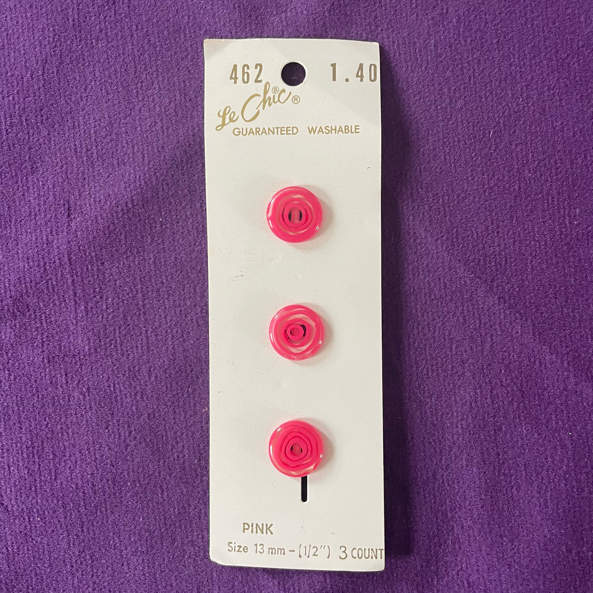 1980’s Le Chic Plastic Buttons - Pink and Clear - Set of 3 - Size 13 - 1/2" - on card
