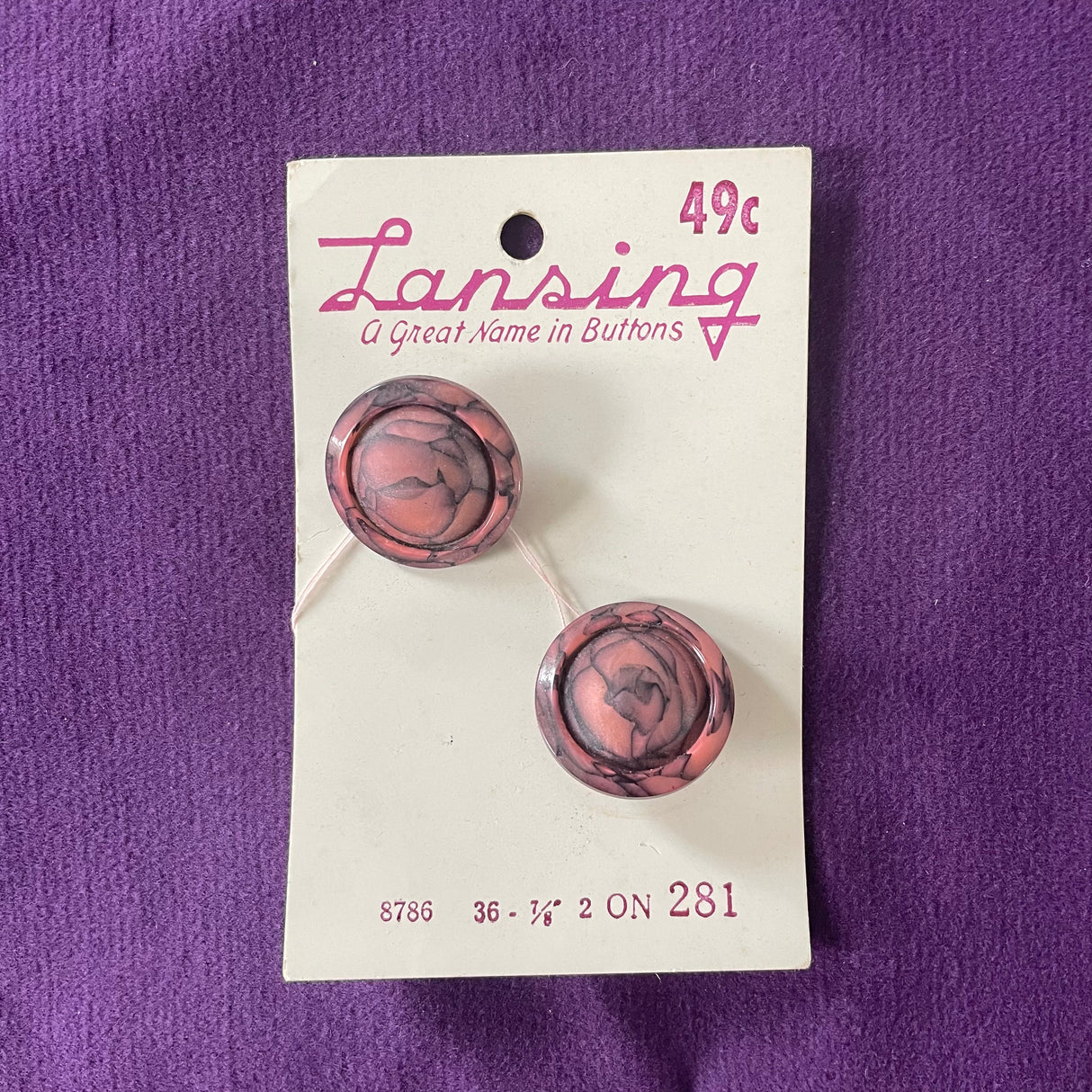 1970’s Lansing Black and Pink Plastic Buttons - Set of 2 - 7/8" - on card