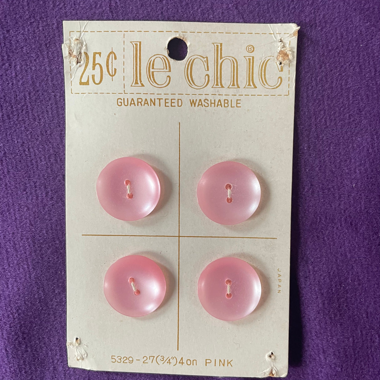 1970’s Le Chic Plastic Buttons - Pink - Set of 4 - 3/4" - on card