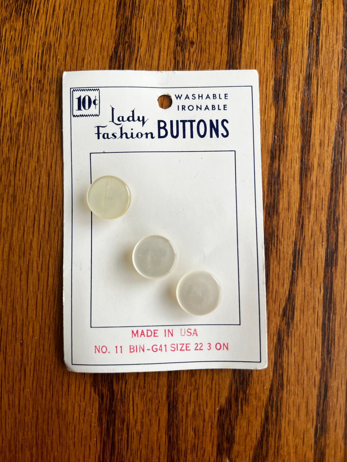 1950’s Lady Fashion White Pearlescent Plastic Shank Buttons - set of 3 - on card