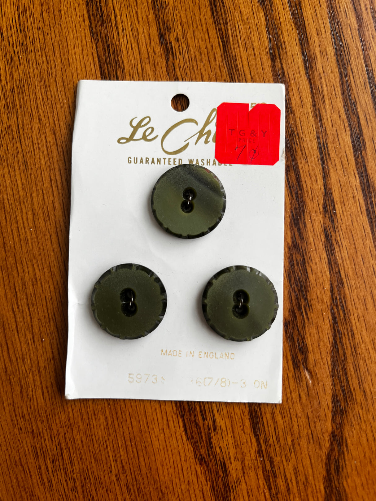 1970’s Le Chic Forest Green Matte Carved Plastic Buttons - on card