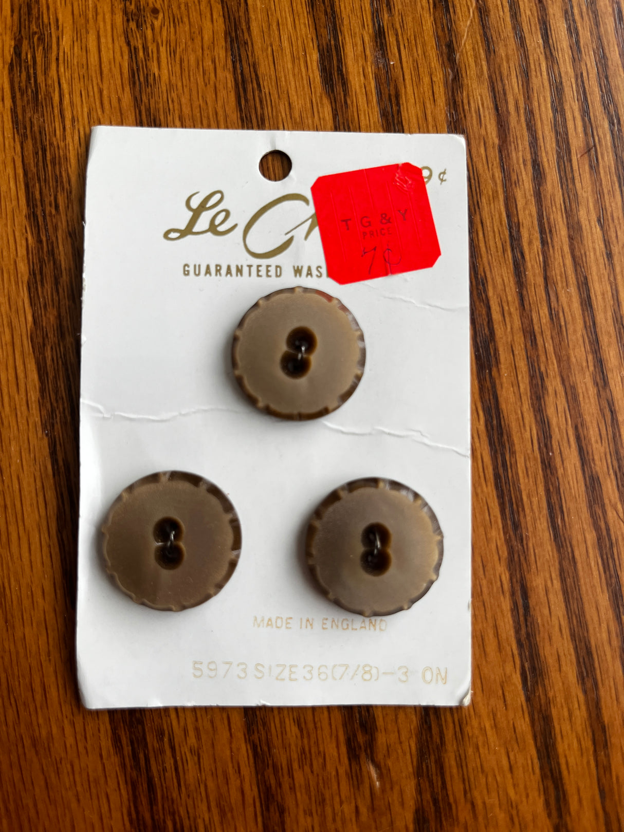 1970’s Le Chic Tan Matte Carved Plastic Buttons - on card