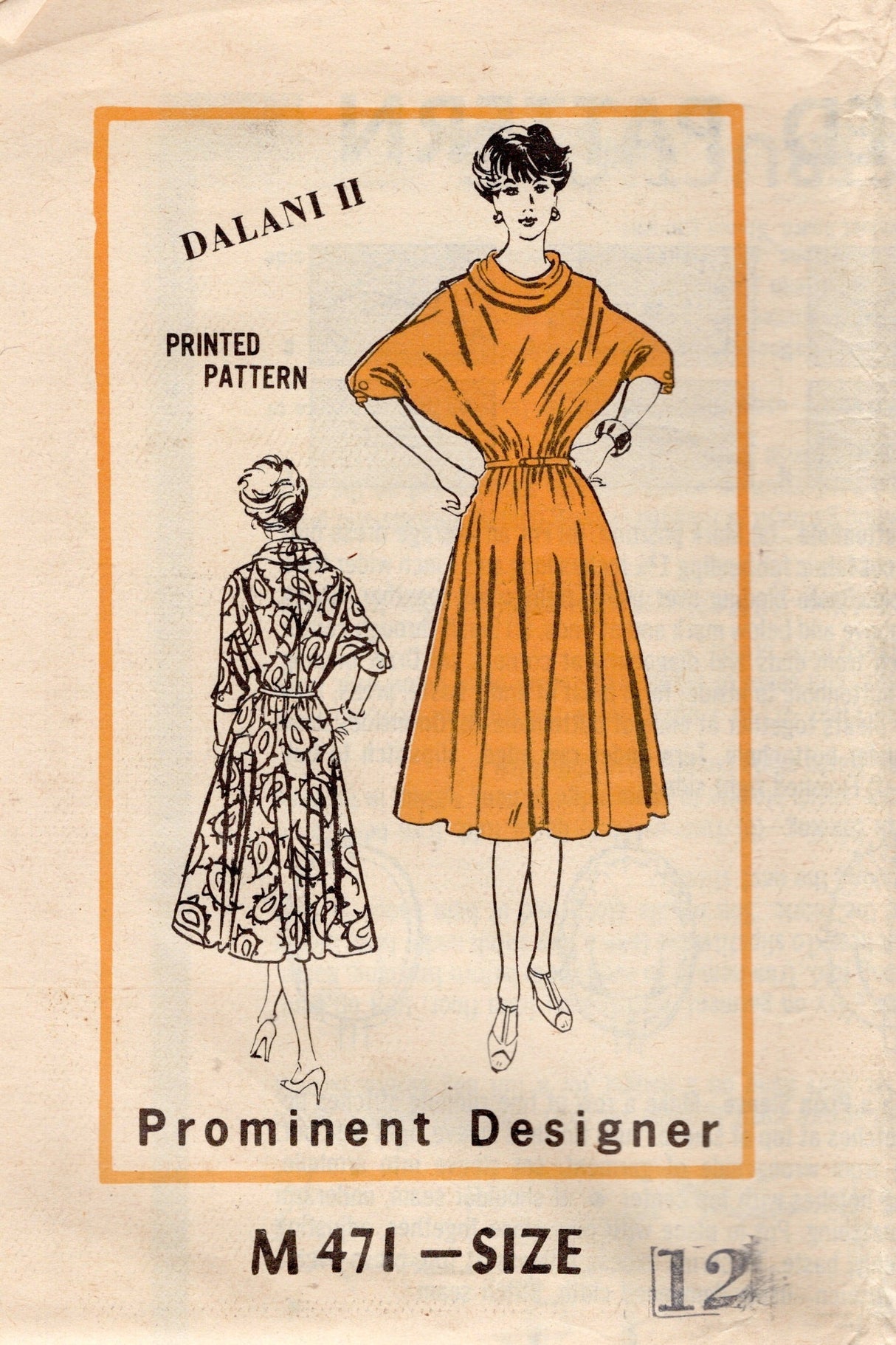 1980's Prominent Designer Dolman Sleeve Dress Pattern with Cowl Neck - Bust 34" - No. M471