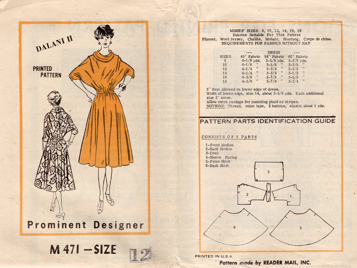 1980's Prominent Designer Dolman Sleeve Dress Pattern with Cowl Neck - Bust 34" - No. M471